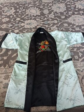 Teal Full Design Embroided Satin Robe